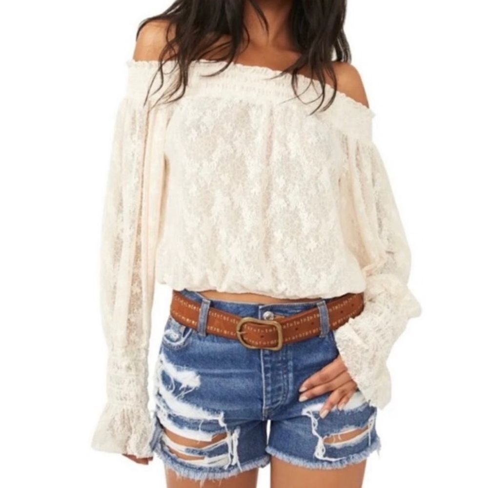 Free People Emily Off The Shoulder Long Sleeve Sheer Ivory Lace Top‎ XS